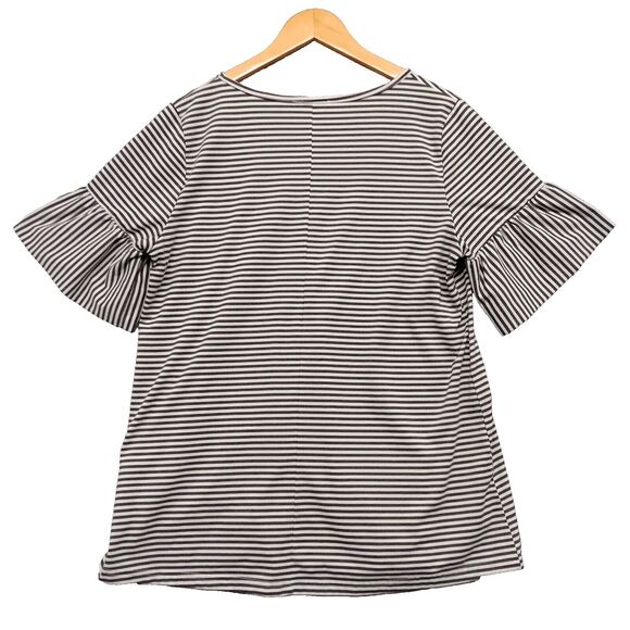 Tickled Teal Blouse Woman’s Sz L Dark Gray & White Striped Short Ruffle Sleeves - Picture 7 of 8